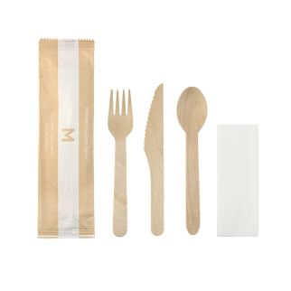 Wooden Cutlery Set 4/1 - Natural, Fork/Knife/Spoon/Napkin