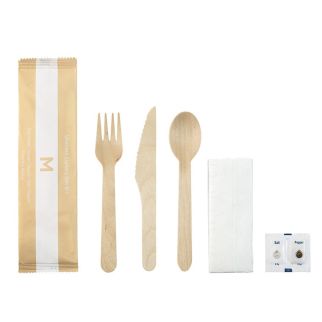 Wooden Cutlery Set 6/1 - Natural, Fork/Knife/Spoon/Napkin/Salt/Pepper